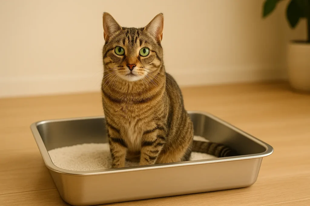 Cat sitting inside stainless steel cat litter box with clumping litter on wooden floor