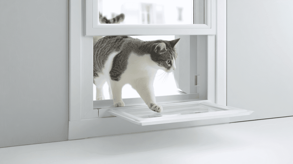 Cat stepping through a cat door for window installed in an adjustable window insert panel.