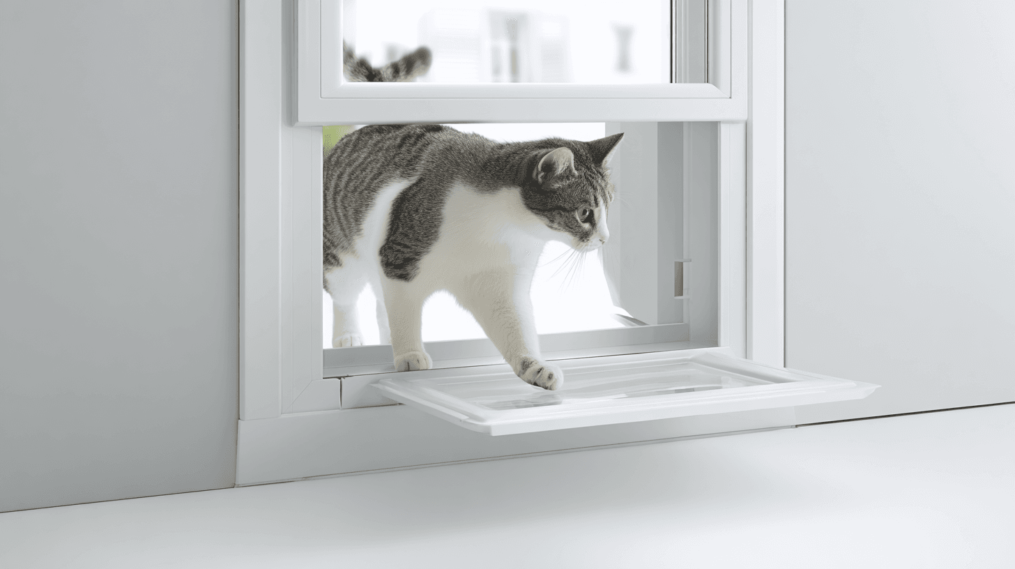 Cat stepping through a cat door for window installed in an adjustable window insert panel.
