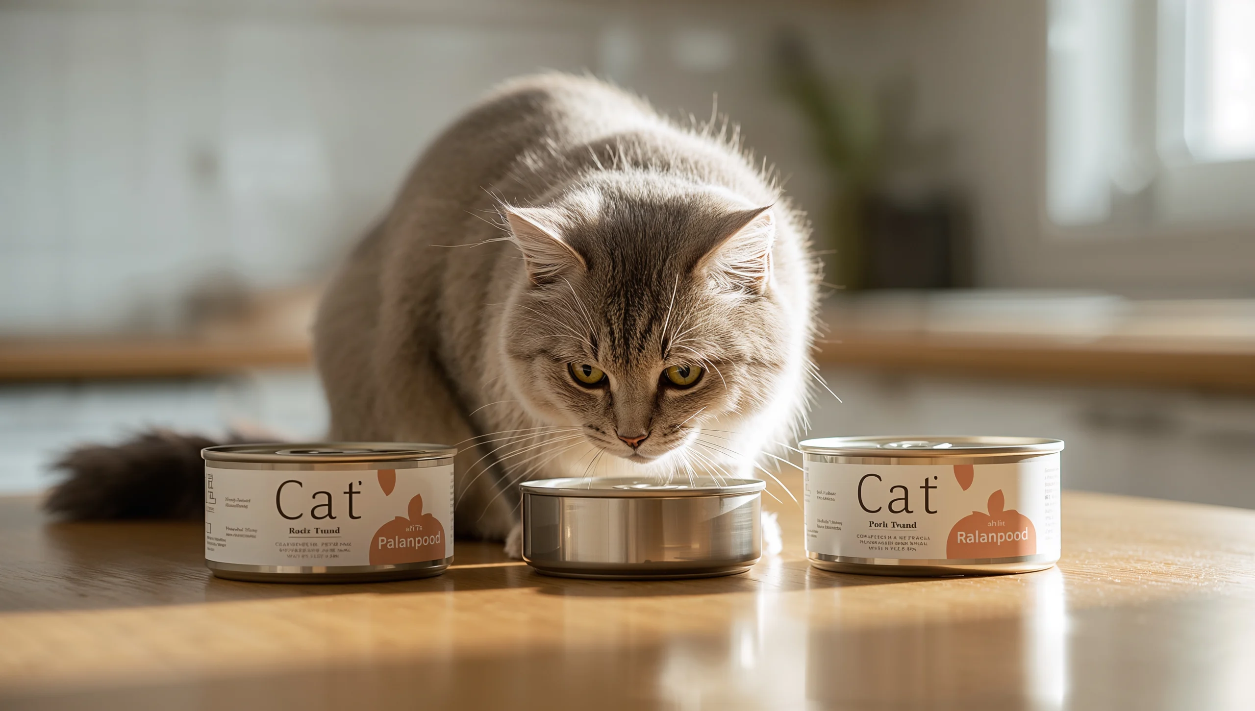 A cat eating beside a cat wet food can on a wooden table in soft natural light.