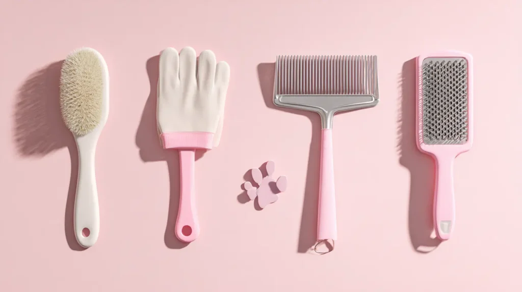 Flat-lay image of essential cat grooming tools including a slicker brush, grooming glove, comb, and deshedding brush on a soft pink background.