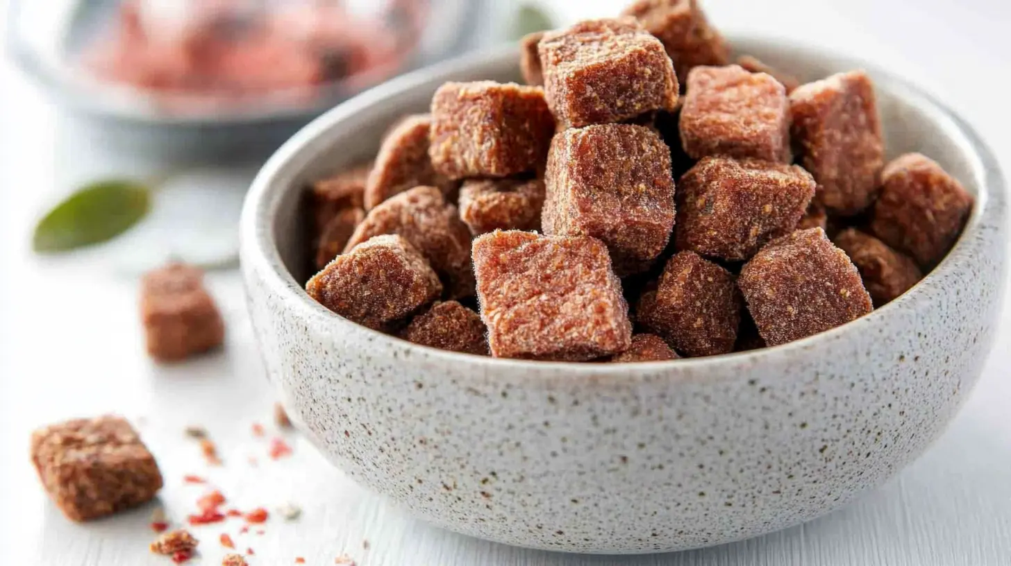 Freeze-dried dog food cubes in a bowl, premium grain-free dog food made with real meat