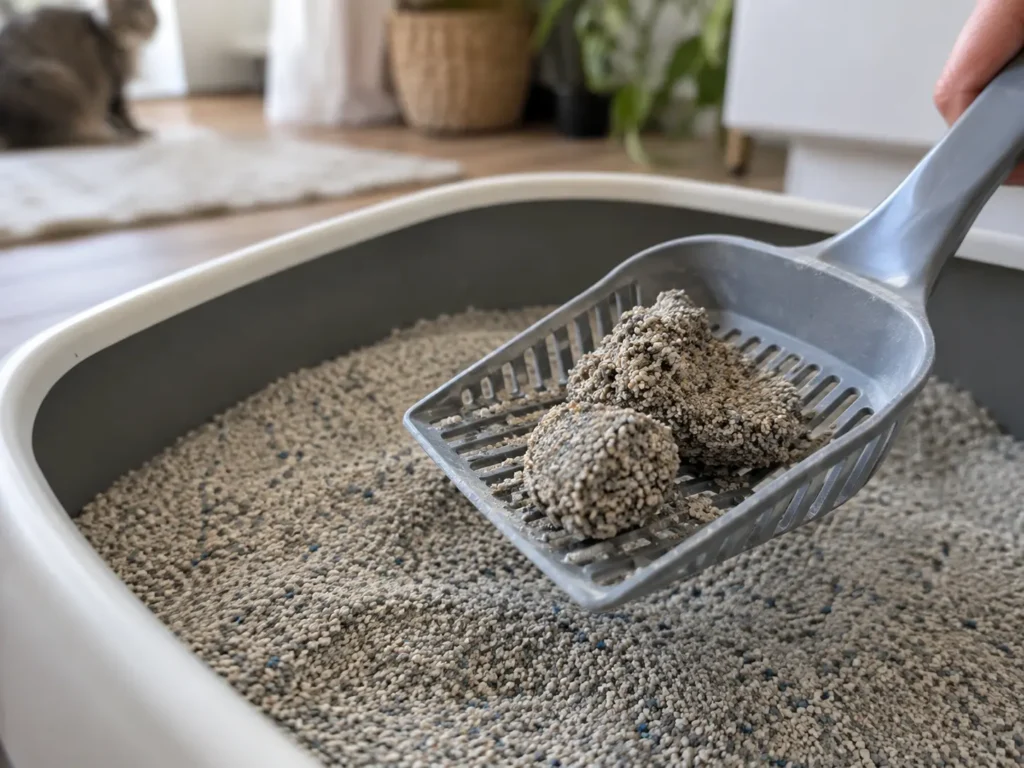 Litter scoop lifting firm clumps from a cat litter box
