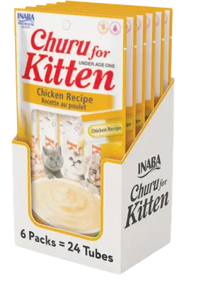 INABA Churu for Kittens Chicken Recipe lickable treat tubes and package