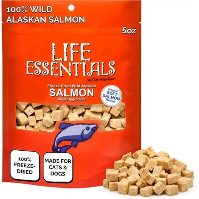 Freeze-dried salmon cat treats from Life Essentials by Cat-Man-Doo in a 5 oz bag.
