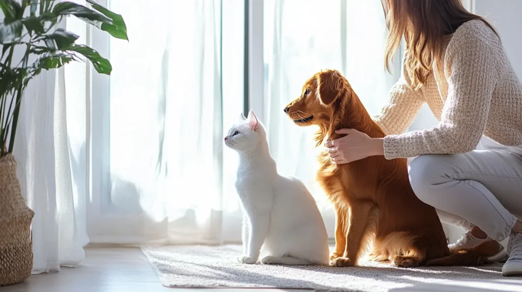 pet care guides showing a calm dog and cat with gentle owner support in a bright, clean home setting