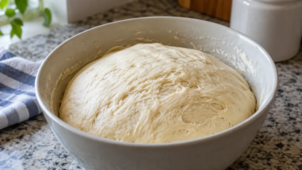 Raw yeast bread dough rising in a mixing bowl on a kitchen counter