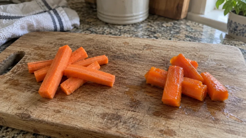 Raw carrot sticks and cooked carrot pieces on a wooden cutting board
