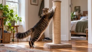 Large long-haired cat fully stretched while scratching a tall sisal scratching post in a real home
