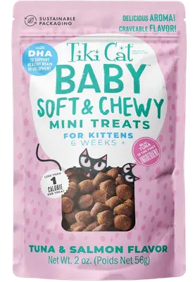Tiki Cat Baby Tuna and Salmon soft and chewy kitten treat pouch